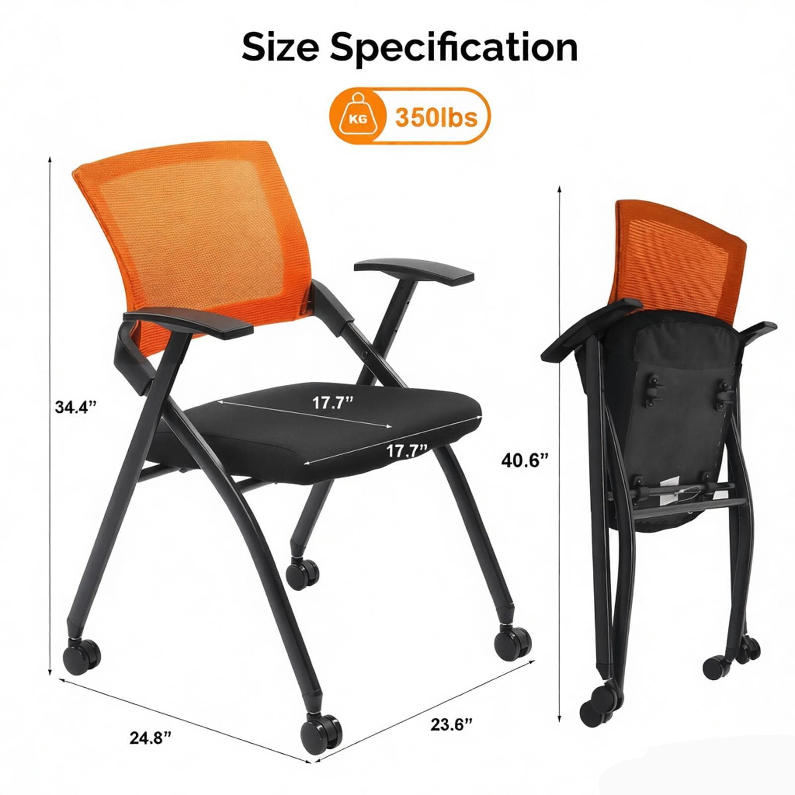 2 Pack Stackable Conference Room Chairs with Wheels, Folding Office Chair with Rebound Back, Padded Seat for Training Room, Guest, Reception, Event, Capacity 350lbs, Orange