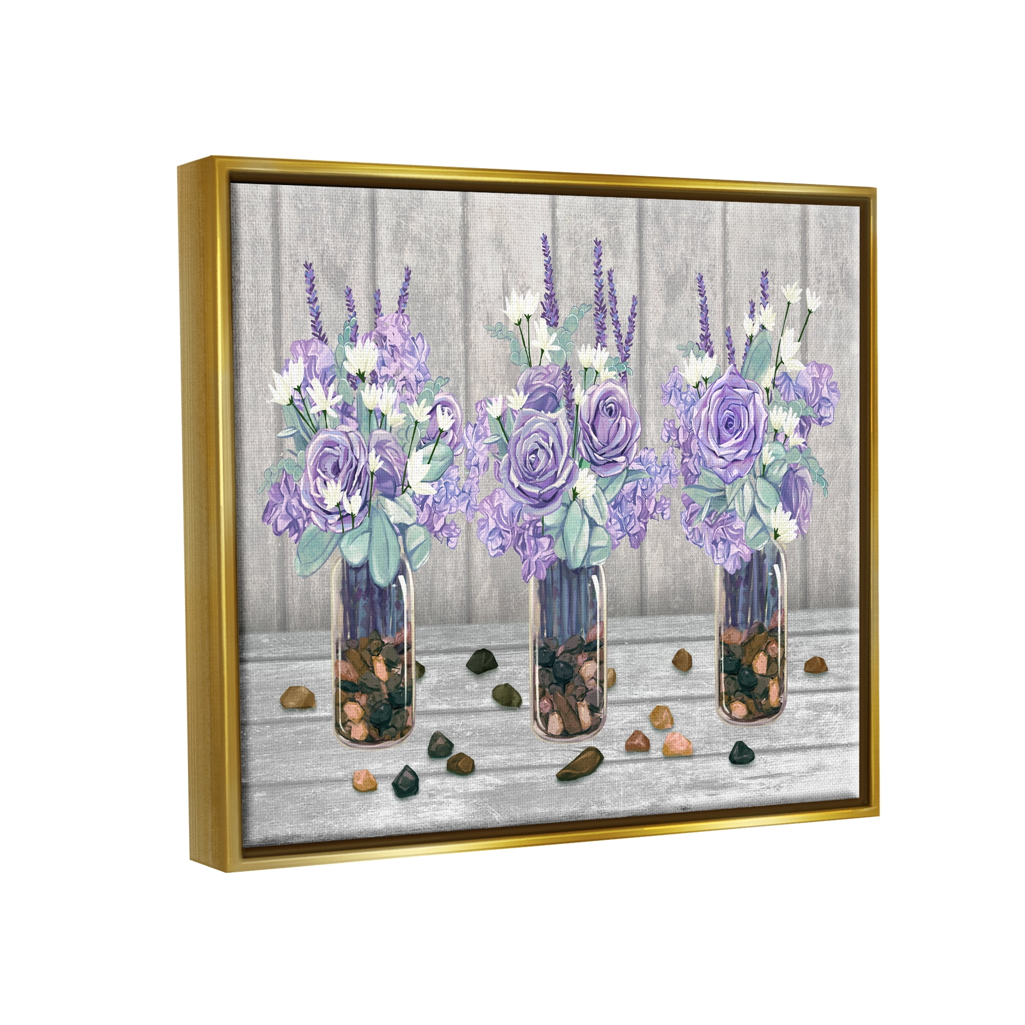 Stupell Industries Purple Rose Bouquet Trio Scattered Rustic Rocks Graphic Art Metallic Gold Floating Framed Canvas Print Wall Art, Design by Ziwei Li