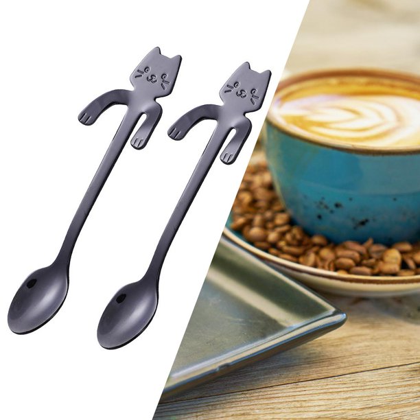 Cuchara de café de acero inoxidable Perfecl Mini de Té con diseño de gato negro 11,2x3 cm
