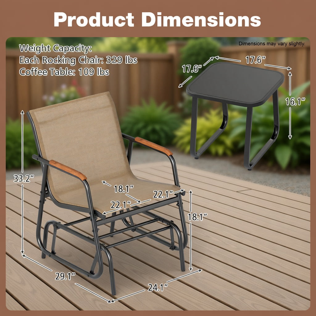 Hommoo 3-Piece Outdoor Glider Bistro Set, Metal Frame with Tempered Glass Table, Teak Wood Armrests, Breathable Fabric Seating for Patio, Porch, Balcony, Brown
