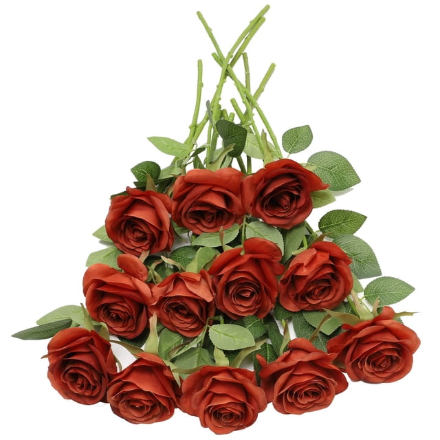 LVEFIT Flores de rosas artificiales de color naranja quemado, flores de seda, 12 unidades con ramo de rosas de seda de tallo largo para bodas, despedidas de soltera, fiestas, decoración del hogar