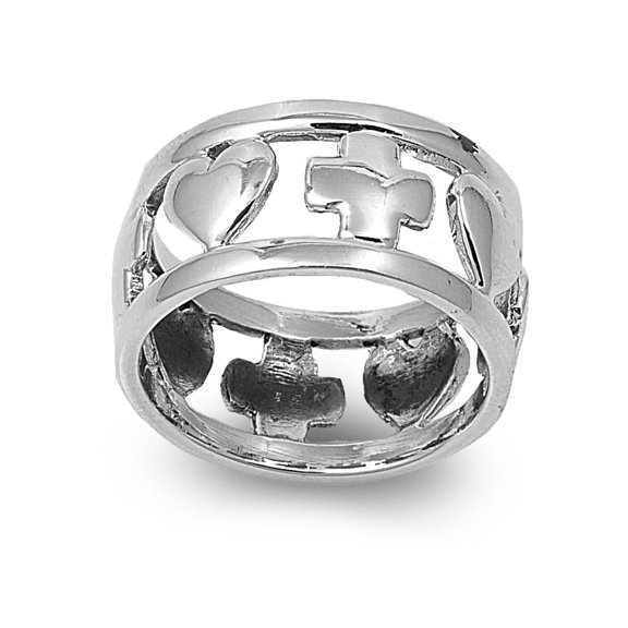 925 Sterling Silver Alternating Heart Cross Ring Size 6