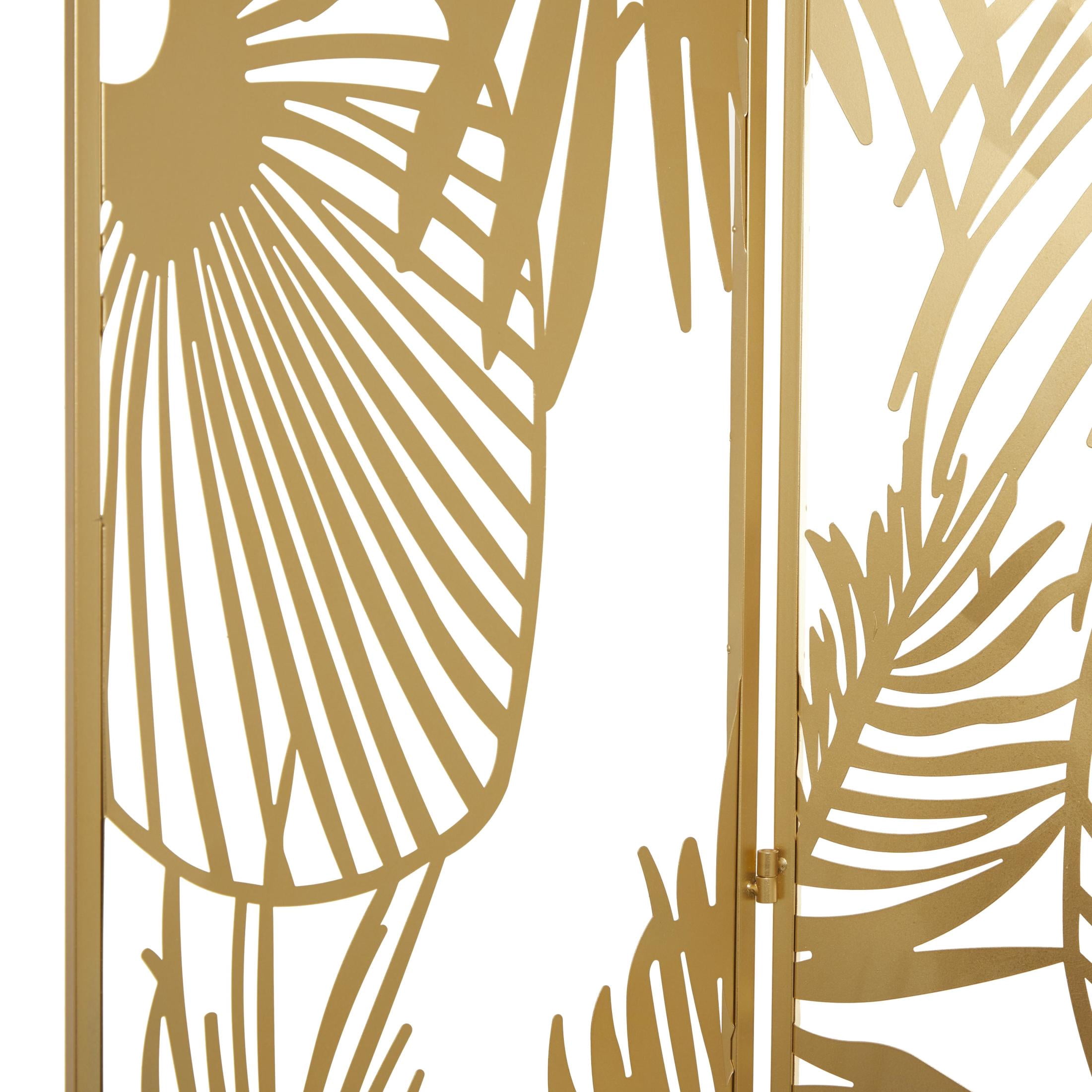 DecMode 48" x 71" Gold Metal Leaf Foldable Partition Cutout Palm Leaf 3 Panel Room Divider Screen, 1-Piece