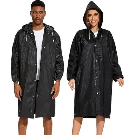 OFEFE Raincoat, 2 Pack Black Reusable Rain Ponchos for Adults Travel Rain Coats Hooded Raincoats for Women/Men with Drawstring