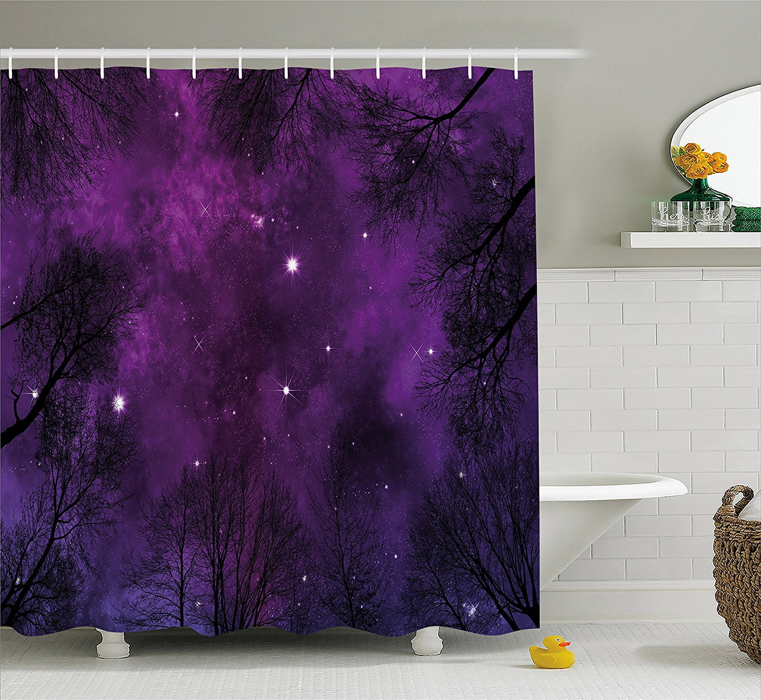 Night Sky Shower Curtain By Outer Space In Planet View Of Forest Branches Stars Abstract Design Fabric Bathroom Decor Set With Hooks 84 Inches Extra Long Dark Purple And Black By