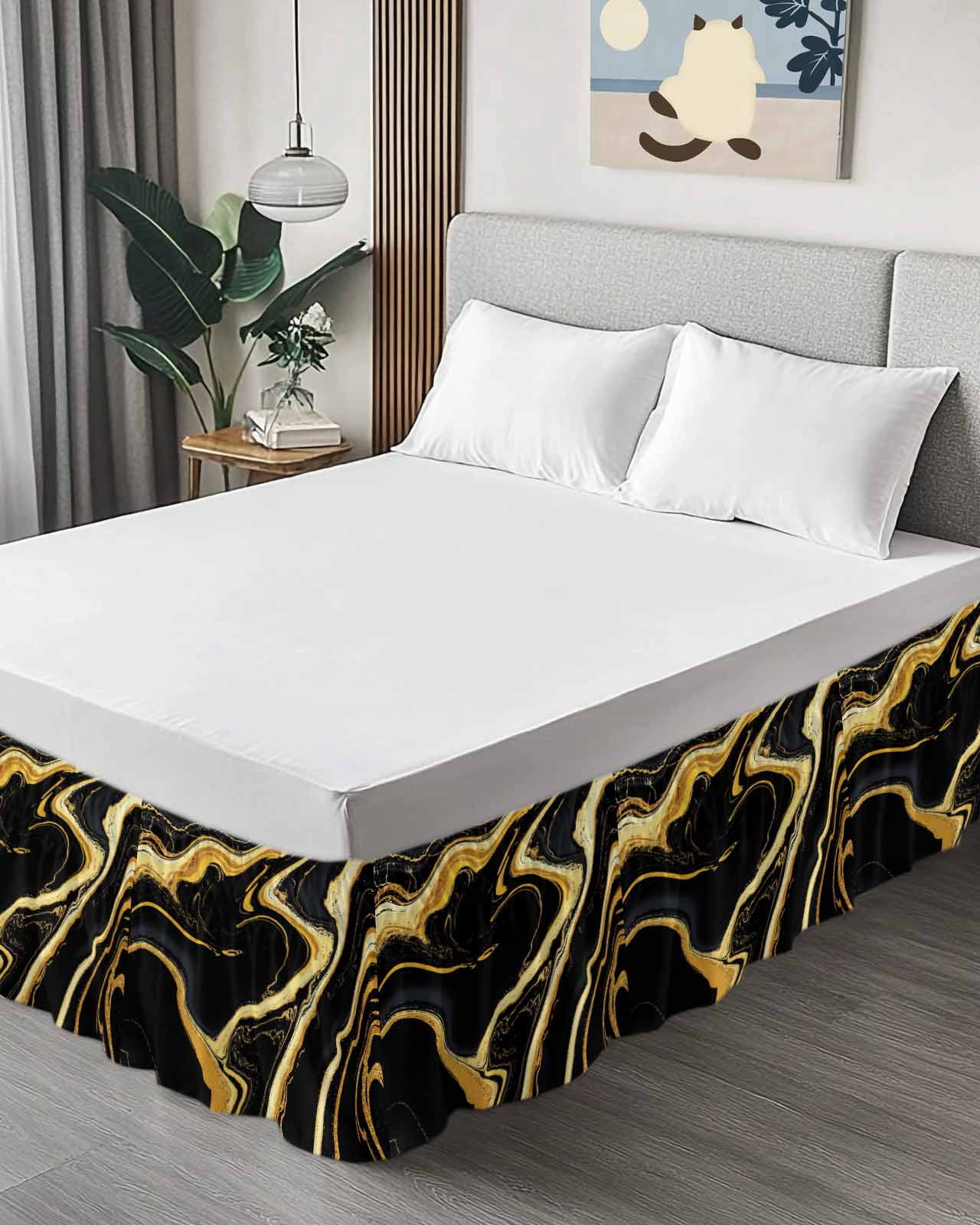 Black Gold Bed Skirt Marble Luxury Abstract Glitter Fluid Pattern Bed Skirts Queen Size 18 Inch Drop, Wrap Around Dust Ruffle&nbsp;Bedskirt with Adjustable Elastic Belt for Queen Size Beds