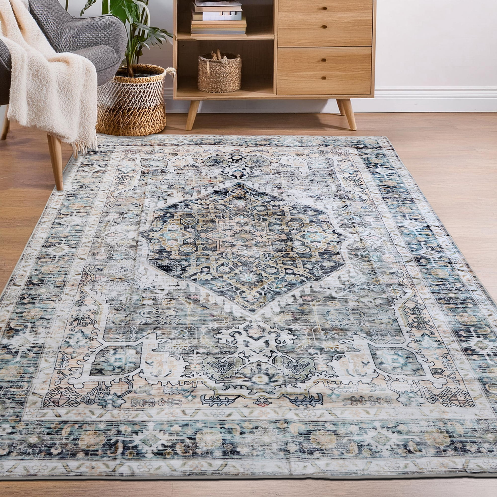 Delara 5'x7' Machine Washable Area Rug, Soft & Durable, Non-Slip, Stain Resistant, Antique Mist, for Bedroom, Living & Dining Room