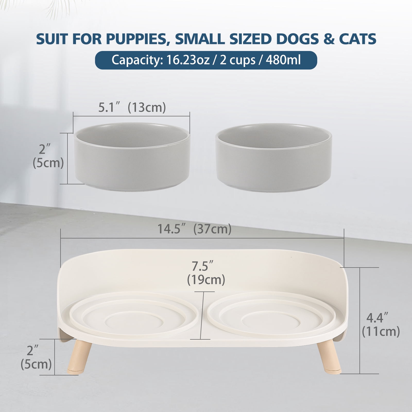 Cat Food Water Bowl Set - Raised Cat Bowls with Non Slip Stand - Elevated Puppy Bowls - Double Ceramic Cat Feeding Bowls - 2 x 480 ML - 16.23 OZ - Grey