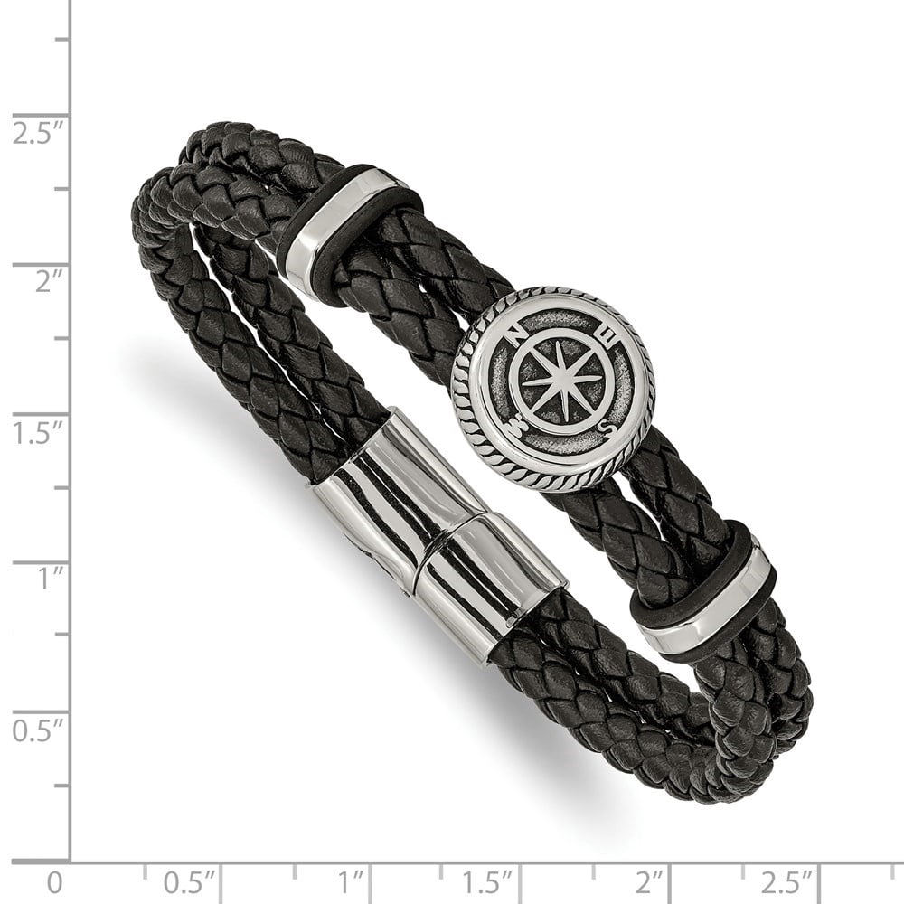 Diamond2Deal Stainless Steel Antiqued and Polished Compass Braided Black Leather Bracelet for Men 8"