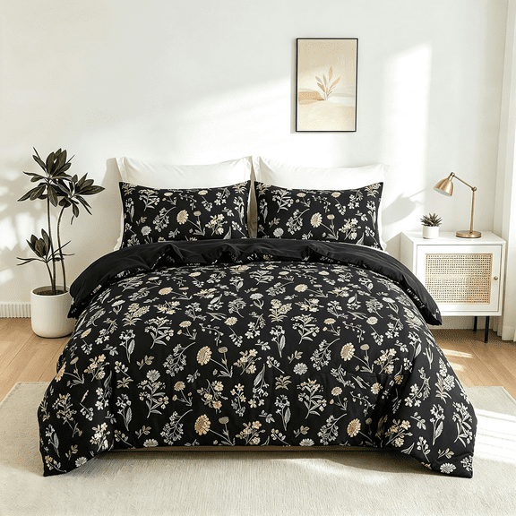 Flymme Queen Comforter Set,7 Piece Black Floral Bed in a Bag Queen Size,Vintage Wildflower Botanical Bed Set,Complete Bedding Set with Sheets for All Season