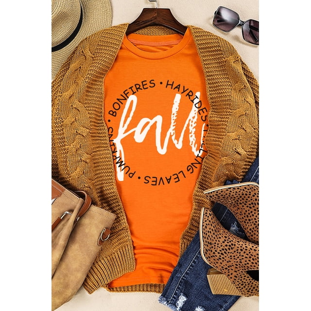 ABPHQTO Camiseta estampada con cuello redondo y estampado de letras de otoño naranja para mujer