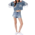 thumbnail image 2 of INSPIRE CHIC Women's Jacket Cropped Jean Fringe Long Sleeve Frayed Hem Tassel Trim Denim Jacket L Blue Gray, 2 of 6
