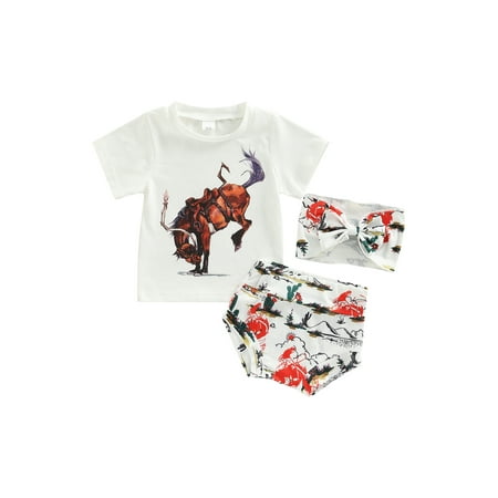 

Bagilaanoe 3pcs Baby Girl Summer Shorts Set 6M 12M 18M 24M 3T Animal Print Short Sleeve T-Shirt + Short Pants + Headband