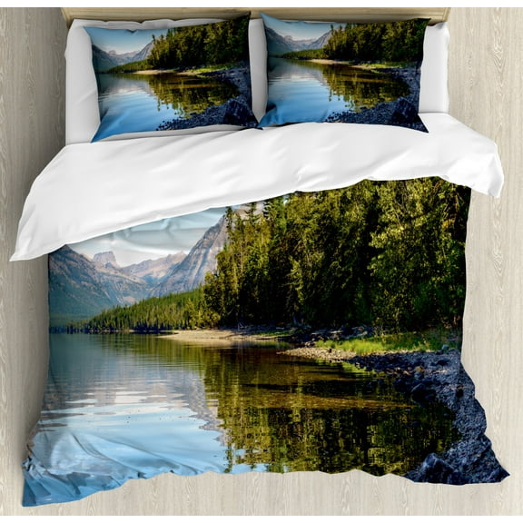 Glacier National Park Duvet Cover Set Queen Size, Mountainous Landscape with a Forest and a Lake, Decorative 3 Piece Bedding Set with 2 Pillow Shams, Pale Sky Blue and Multicolor, by Ambesonne