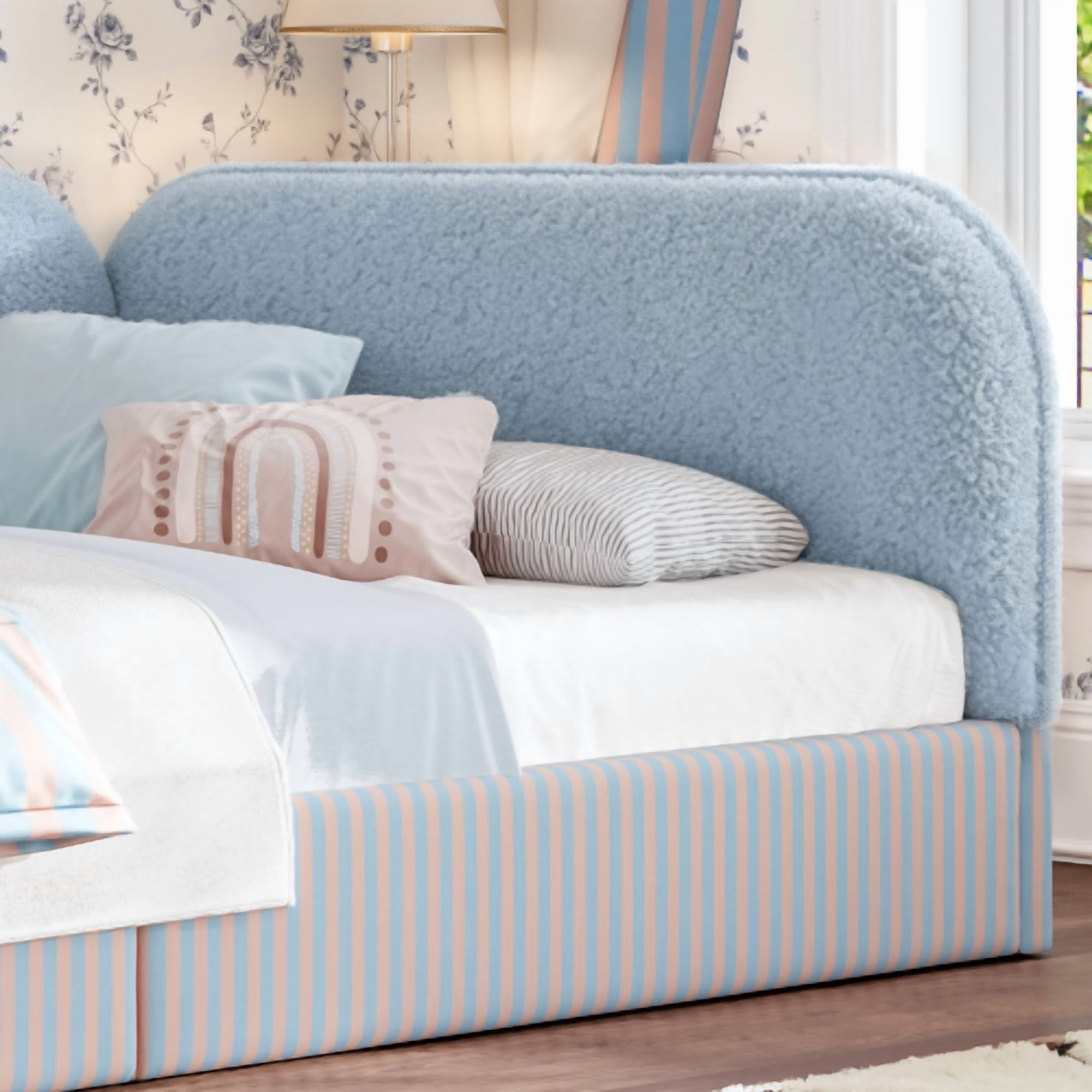 Twin Size Upholstered Teddy Fleece Floor Bed Frame, Half-Enclosed Montessori Low Profile Platform Bed with Full-Perimeter Guardrails for Kids, Blue