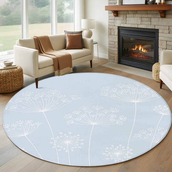 Blue Dandelion Round Rug 6ft Washable Circle Kitchen Rugs Non Slip Spring Modern Minimalist Country Flower Large Area Rug Indoor Floor Carpet for Bedroom Living Room Home Office Dining Room Nursery