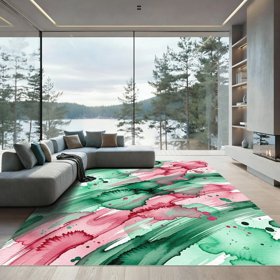 ODIKA 4'x6' Machine Washable Non-Slip Area Rug, Abstract Green High Traffic Rug, Green, 1168864