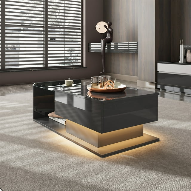 Coffee table, high-gloss black, side table, coffee table with glass and LED effect, with glass top.