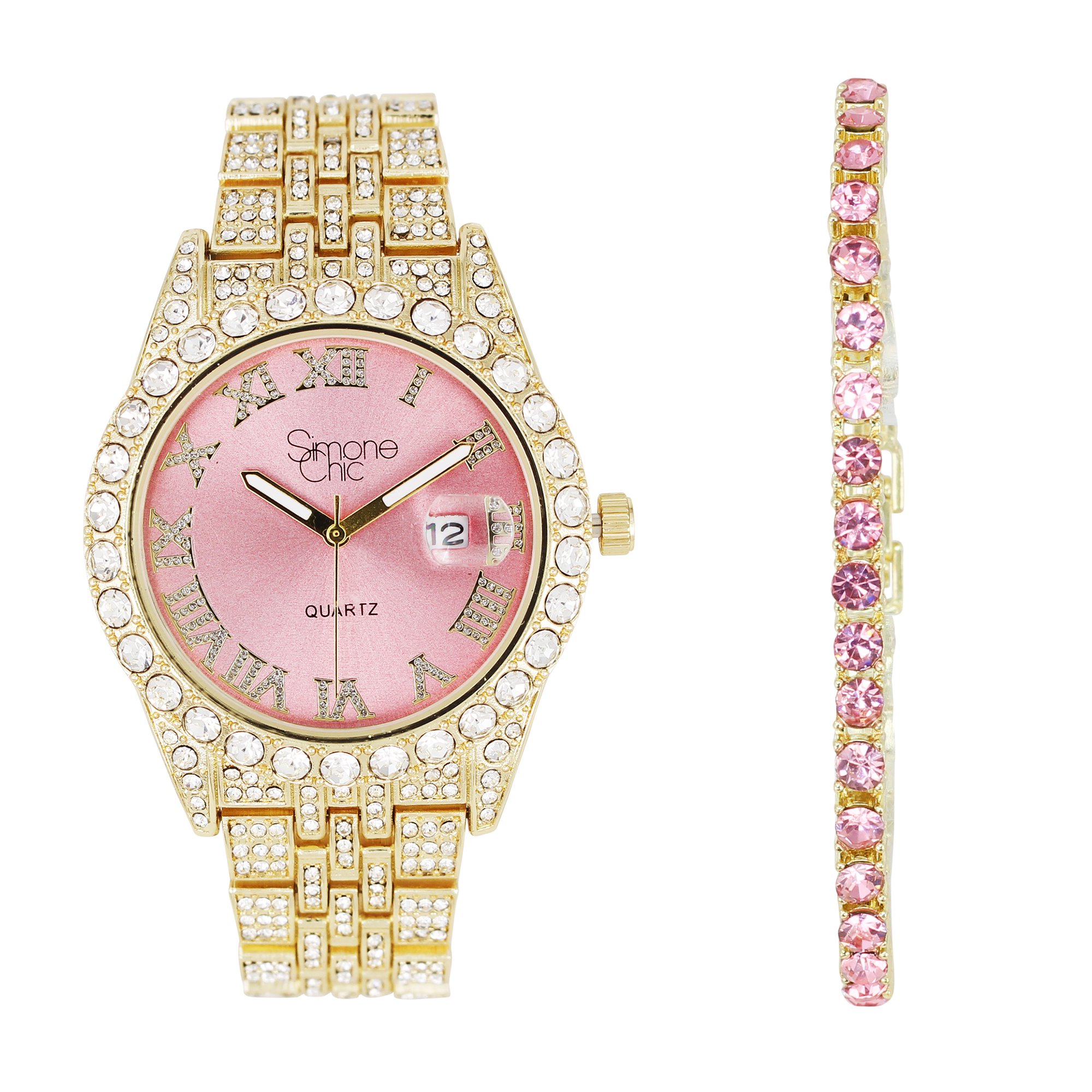 Simone Chic Fully Iced Out Diamond Watch for Women's w/Roman Numerals Easy Read Date and Colorful Dials- Designer Hip Hop Blinged Out Timepiece - ST10226RND-LA (ST10226RND-LA-T GLD-Pink)