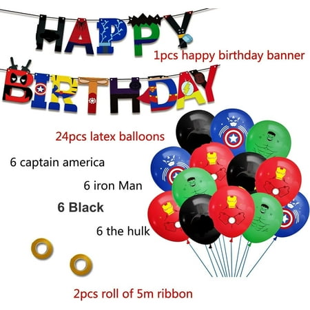 Superhero Latex Balloons 12' inches,Banner Set,Spiderman,Captain,Batman