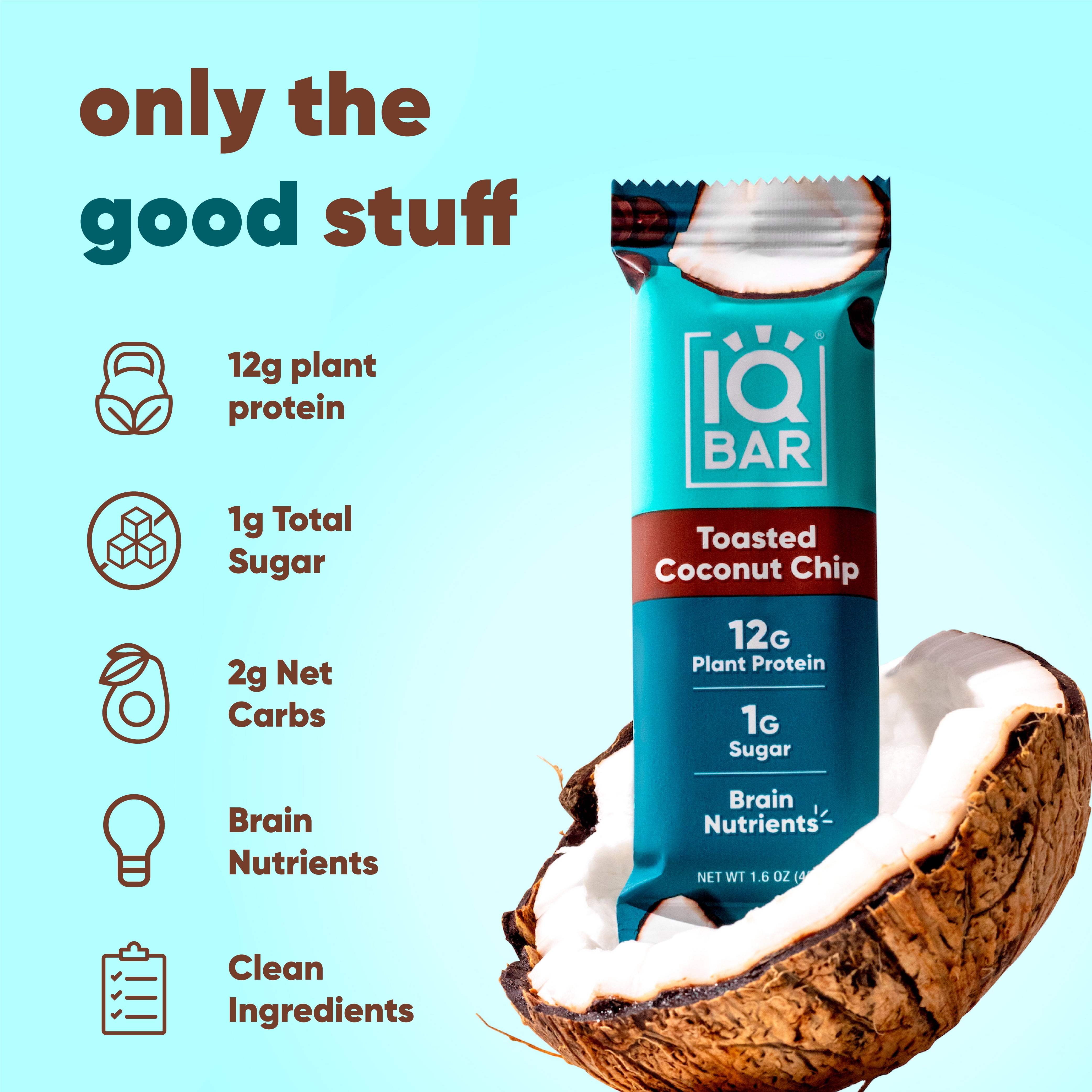 IQBAR Clean Plant Protein Bars - Toasted Coconut Chip - 12 Count - Keto, Vegan, High Fiber, Gluten and Dairy Free, Low Sugar Snack