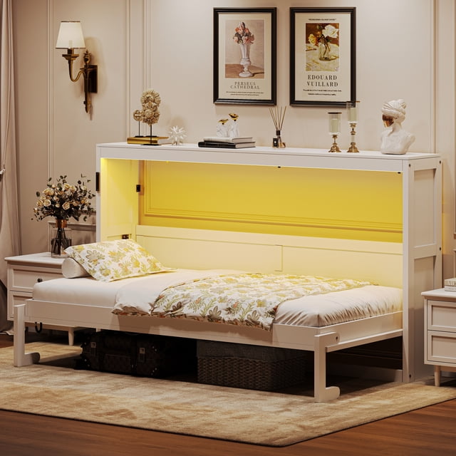 Euroco Lit Escamotable en Bois Format Simple avec Armoires de Rangement et Lumière DEL, Blanc
