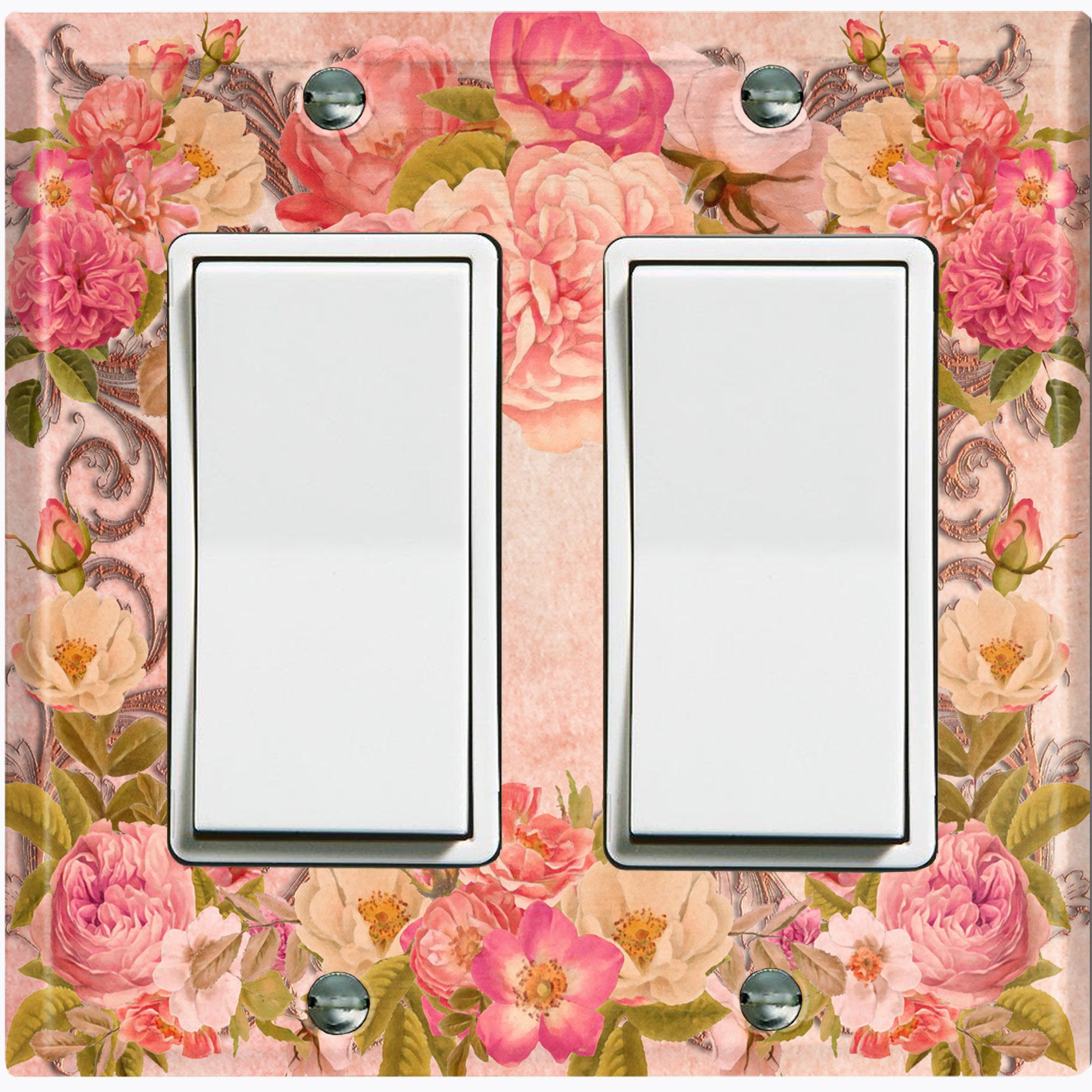 Metal Light Switch Cover Wall Plate Vintage White Rose Flower Frame Pink ROS024 