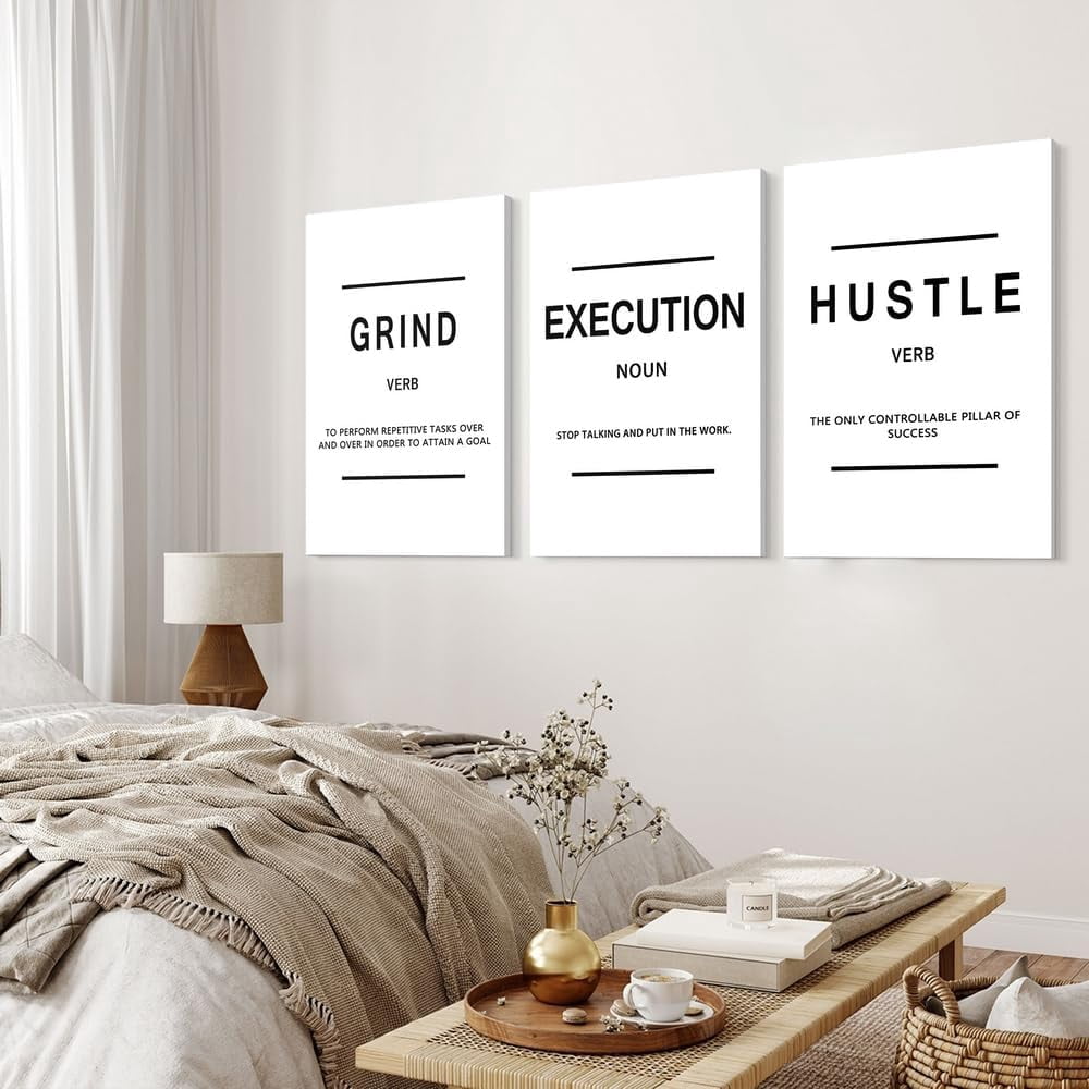 Black and White Framed Canvas Inspirational Painting Wall Art Grind Hustle Execution Motivational Wall Art Decoration Posters Prints for Living Room Bedroom Office Decor Ready to Hang 12"x16"