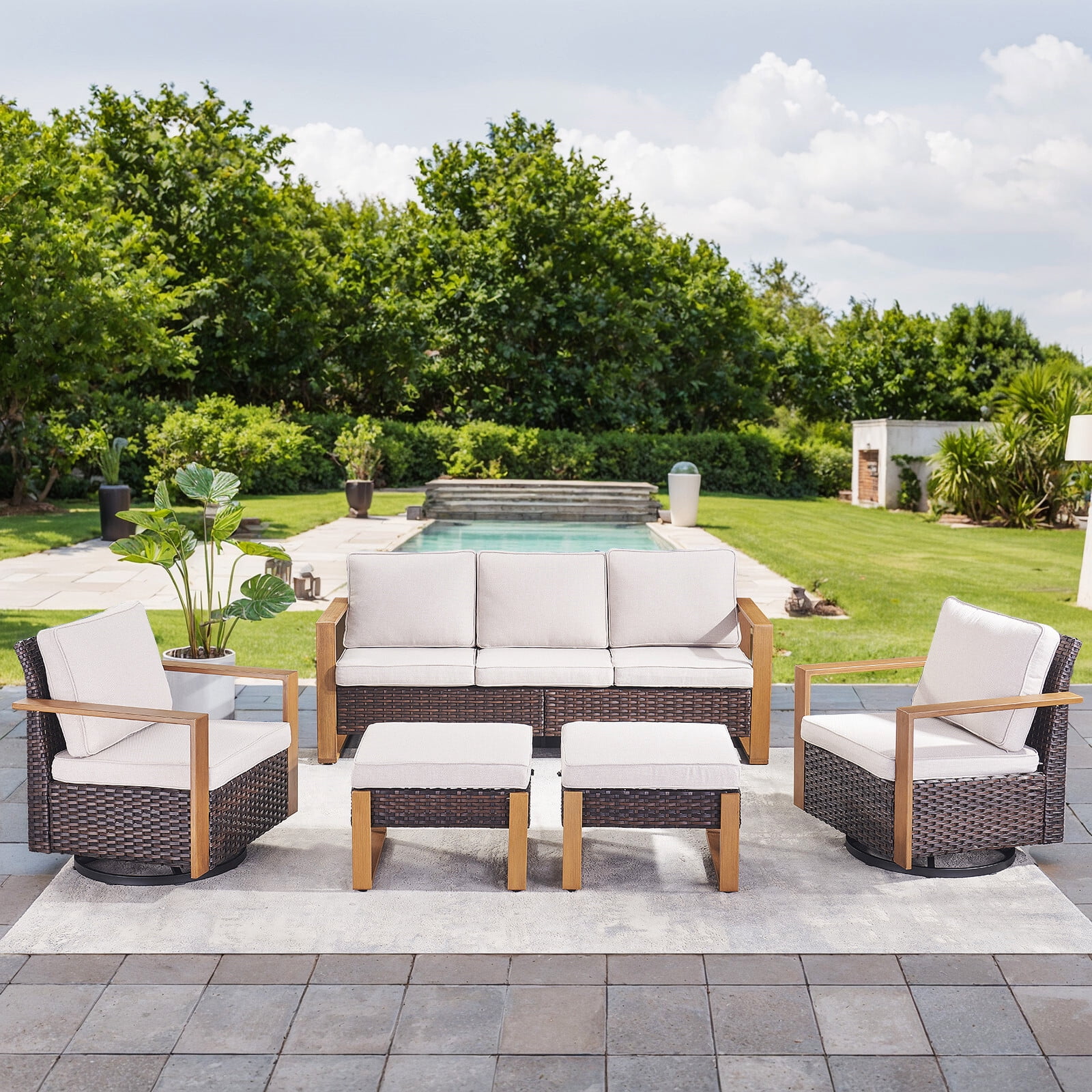 Bellefurn Luxury Outdoor Wicker Patio Furniture Set,5 Piece Deep Seating Outdoor Conversation Set with Patio Swivel Rocker Patio Chairs,Rattan Couch and Ottomans for Deck Porch Poolside