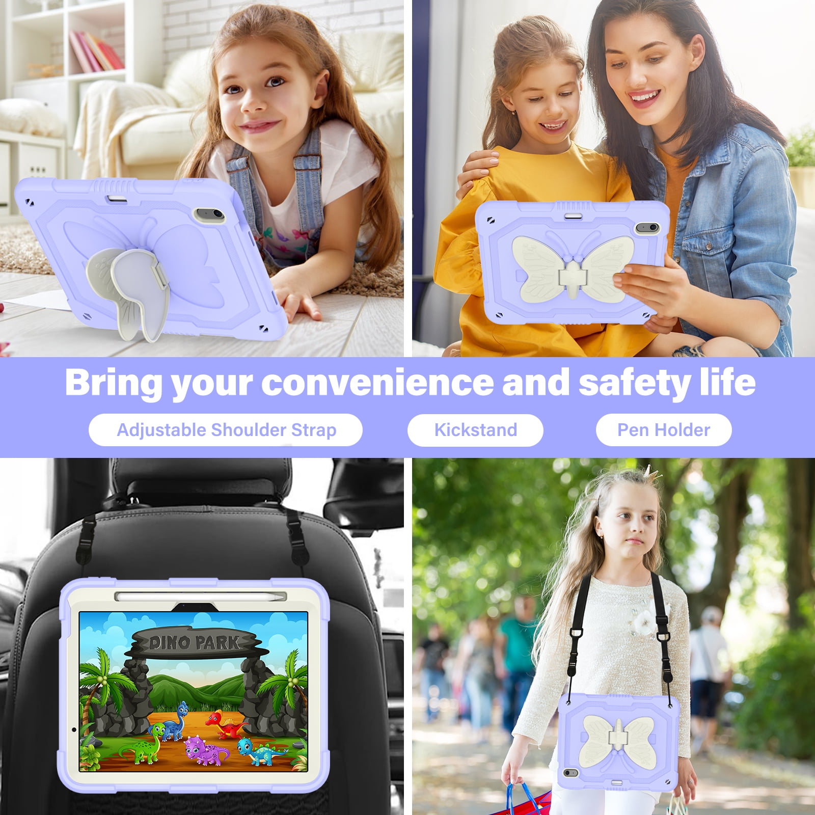 For iPad Air 11 M4 M3 M2 2026 2025 2024 Case, Cute Butterfly Design Heavy Duty Shockproof Shoulder Strap Pencil Holder Kickstand Bumper Kids Friendly Rugged Case for Apple iPad Air 11", Purple+Beige