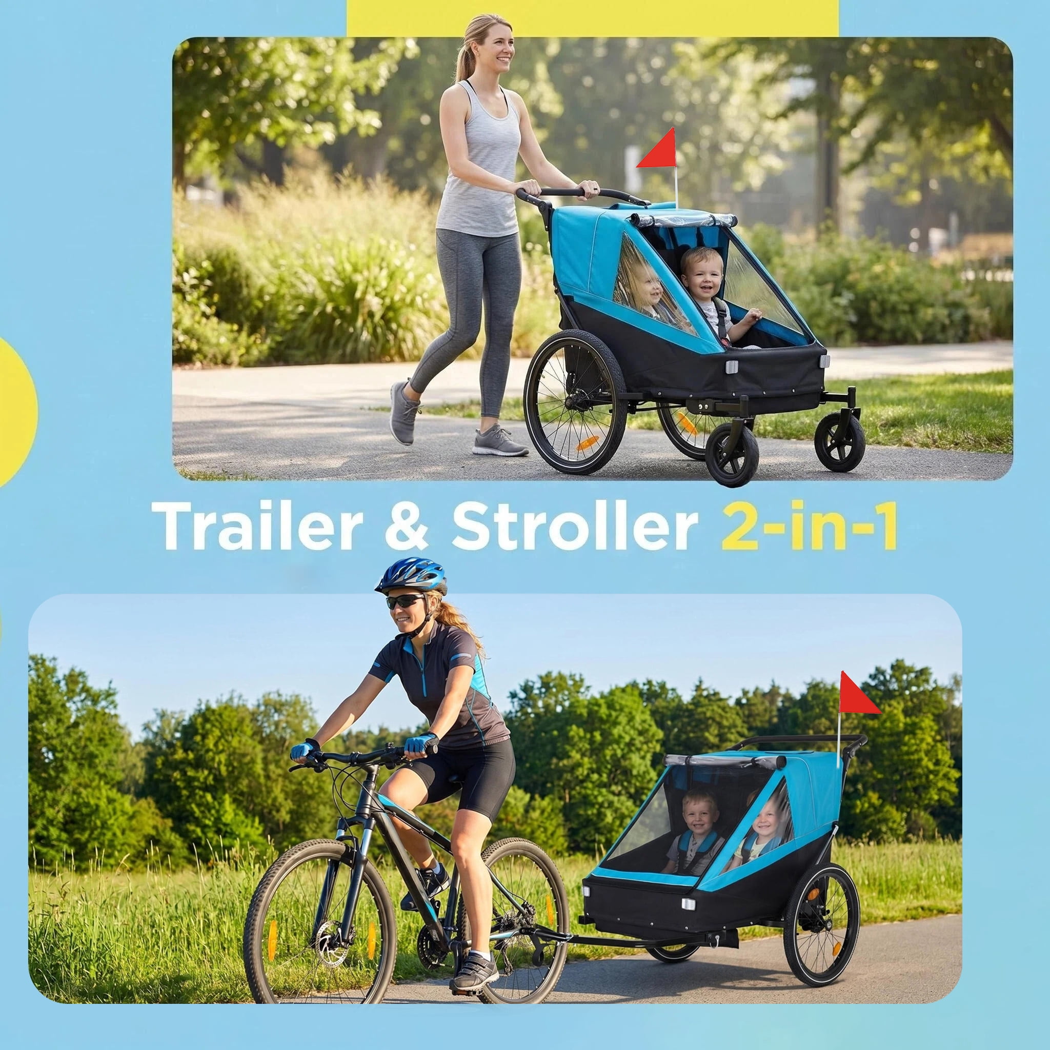 2 in 1 Kids Bike Trailer & Stroller, Jogging Style for 1-2 Children, Foldable with Universal Hitch, 5-Point Harness and Storage Bags for Outdoor Activities