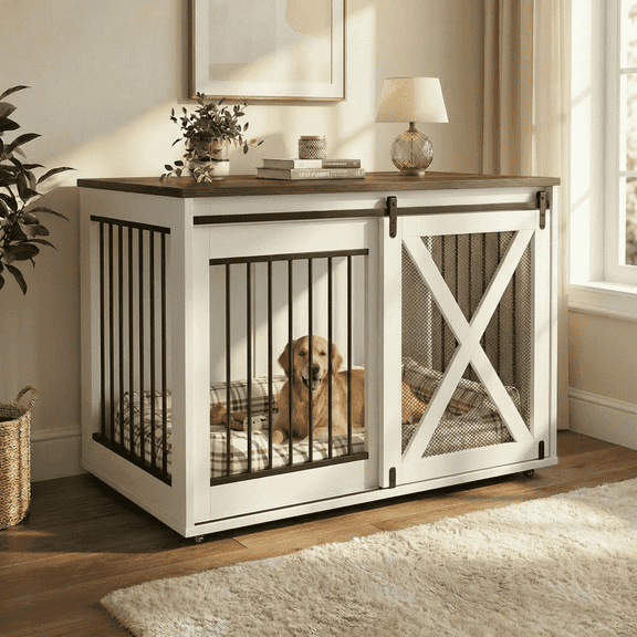Nordee 47.2 Inch Dog Crate Furniture , 35.4" Tall Thick Wooden Dog Kennel TV Stand with Sliding Metal Door, White