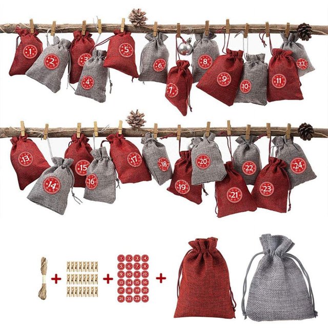 Calendario de Adviento para rellenar, bolsa de tela con pegatinas de números de Adviento del 1 al 24, bolsa de regalo de arpillera, juego de manualidades con calendario navideño, bolsa de