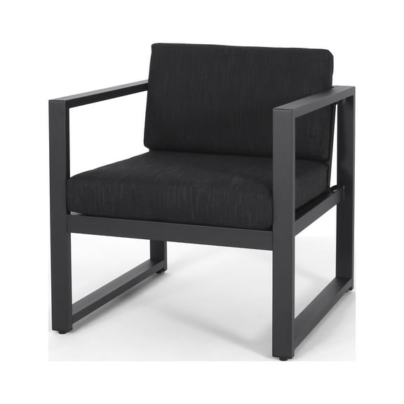 GDF Studio Noah Outdoor Aluminum Club Chair with Cushions, Black, Dark Gray
