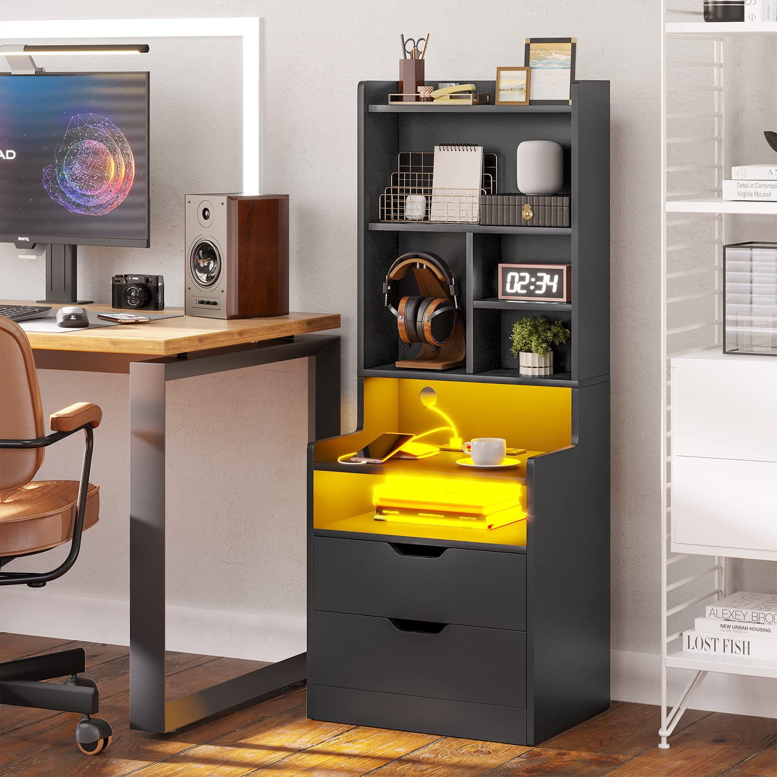 Afuhokles Nightstand Set of 2 with Charging Station and LED Lights, Night Stand with Bookshelf,Bedside Table with Drawers, Black