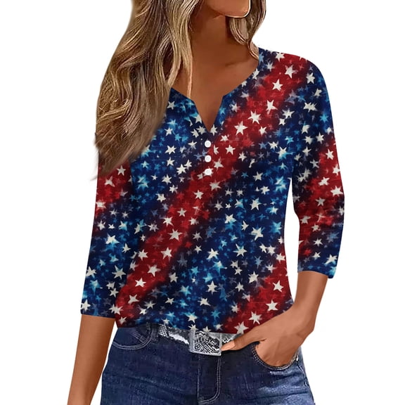 KDDYLITQ U.s. 250th Anniversary Shirt Womens Usa Star Stripes Button V Neck Red White Blue Blousees Flag 3/4 Sleeve T-Shirts Fourth Of July 2026 Tees Navy L