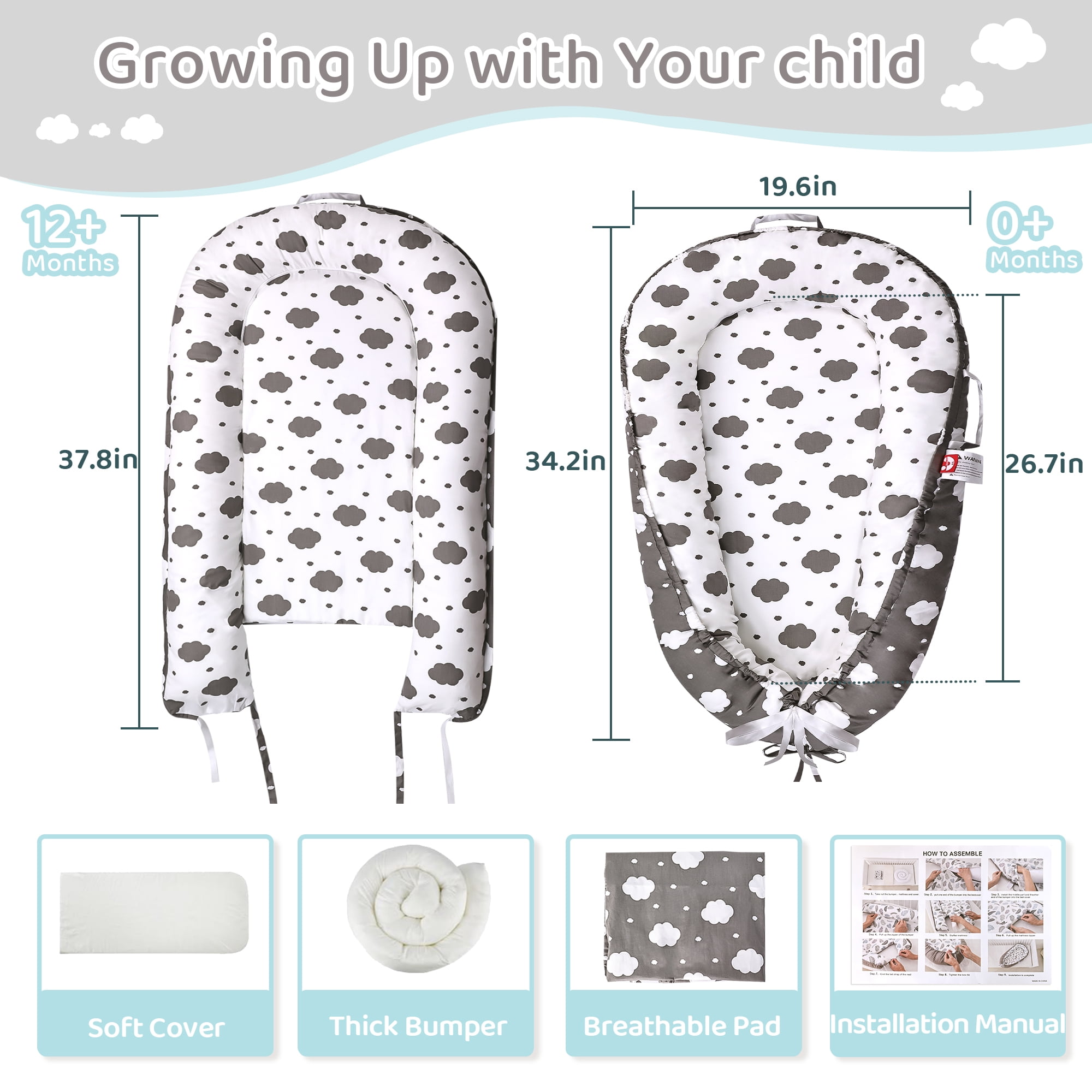 TAYYEE Baby Playmat for 0-24 Months, Portable Infant Lounger with Carry Handle, Gray, 34 x19 Inches