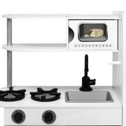 Delta Children Deluxe Modern Kitchen - Wooden Toy Kitchen Playset with Realistic Knobs that Turn/Click, Oven, Sink and Fridge/Freezer with Ice Maker, White