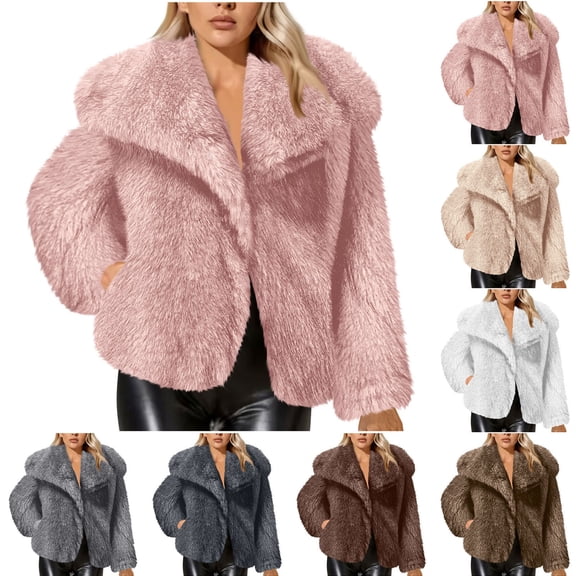 Hueook Long Faux Fur Coats for Women Women's Fashion Solid Color Lapel Button Cardigan Long Sleeved Coat Jacket Gray 2X