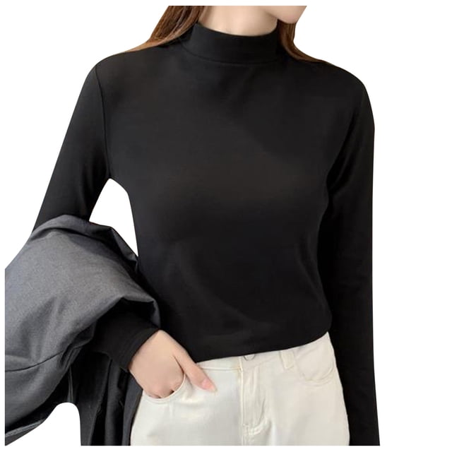 Onqubzoe Crop Tops pour Femmes, Chemises à Manches Longues pour Femmes Femmes Slim Solide Manches Longues Col Roulé Simulé Blouse Tops Ajusté Extensible Couche Tee Shirts Hauts d'Été pour Femmes Noir TG