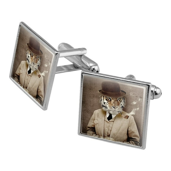 Tiger in Hat and Suit Smoking Pipe Square Cufflink Set - Silver or Gold