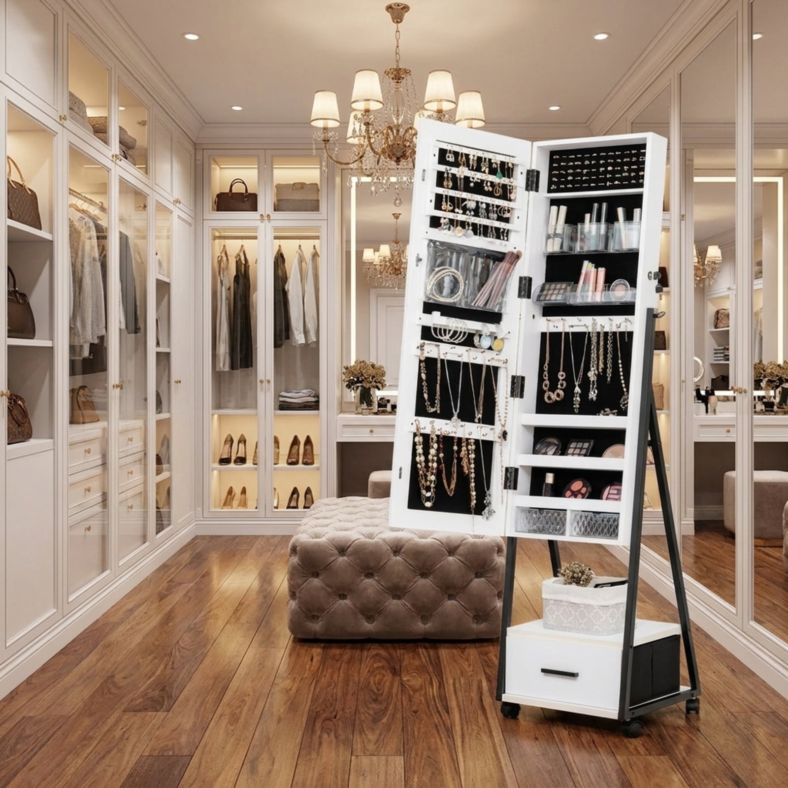 Furnibear Jewelry Cabinet with Full Length Mirror for Bedroom Dressing Room Standing Storage Cabinet with Mirror, White