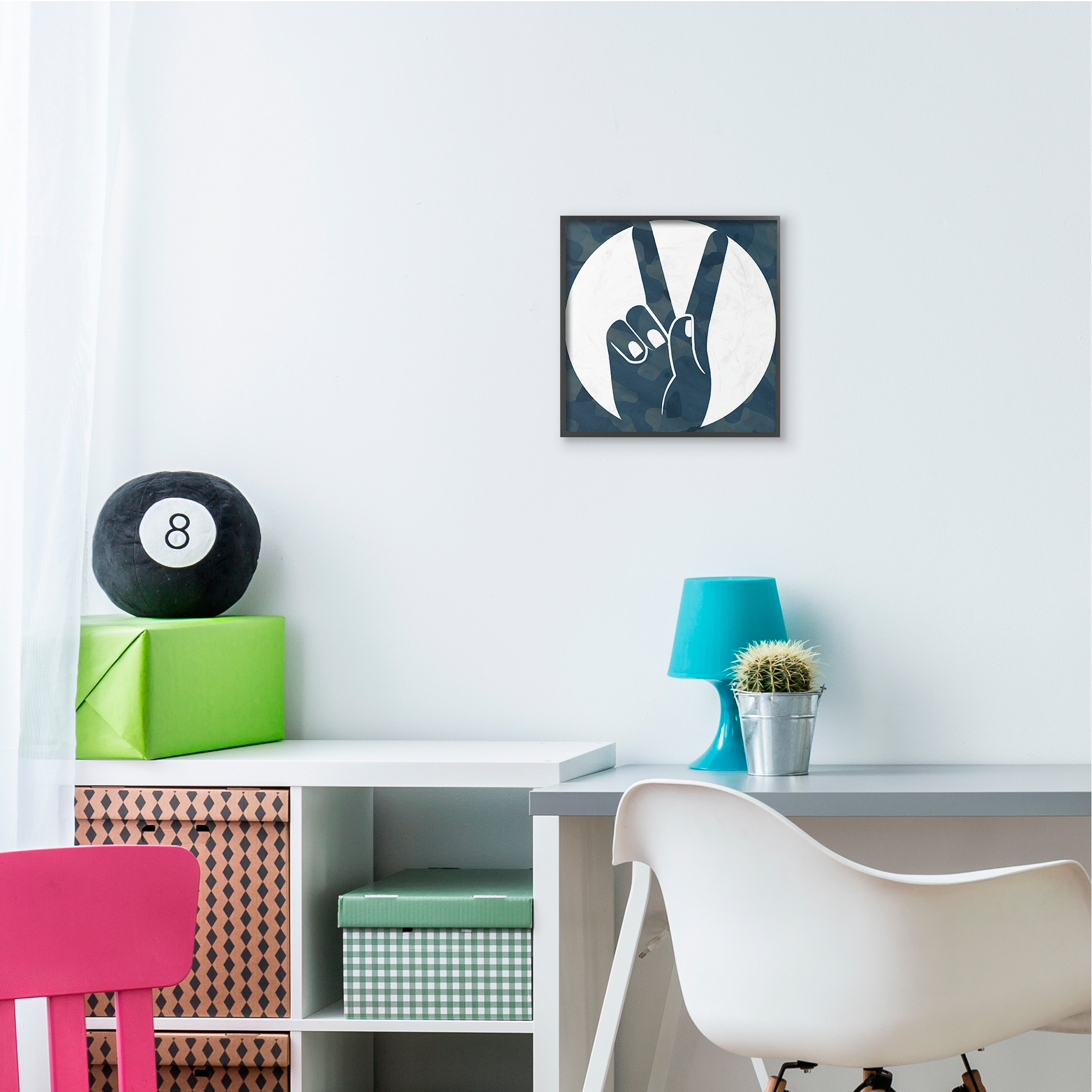 Stupell Industries Peace Sign Hand Pose Over Dark Blue Camouflage Black Framed, 12 x 12, Design by Daphne Polselli