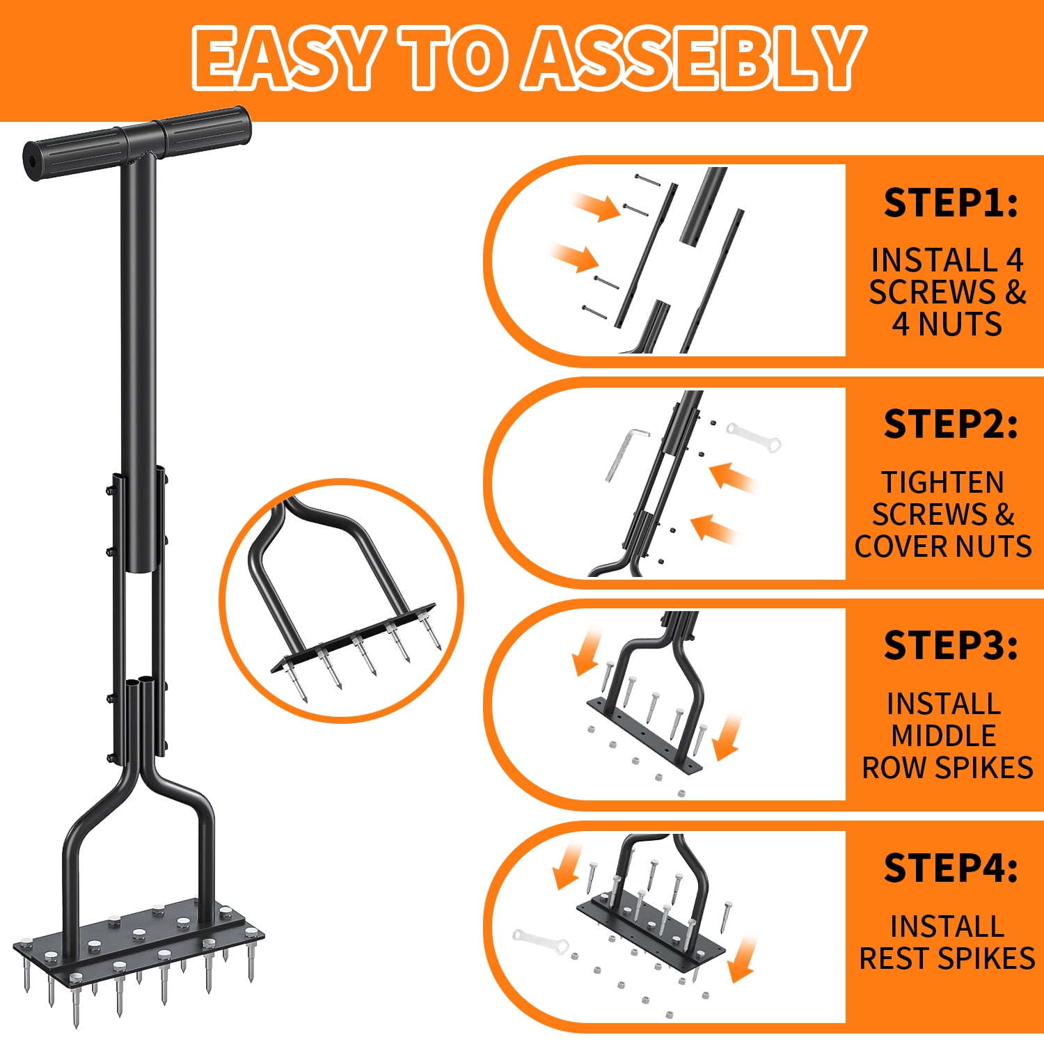 Yoneston Lawn Aerator Spike Aerator Manual Tool with 15 Pieces Solid Steel Spikes, Garden Grass Aeration, Soil Aerating Tool with Clean Tool for Aerating Lawns and Yard Care