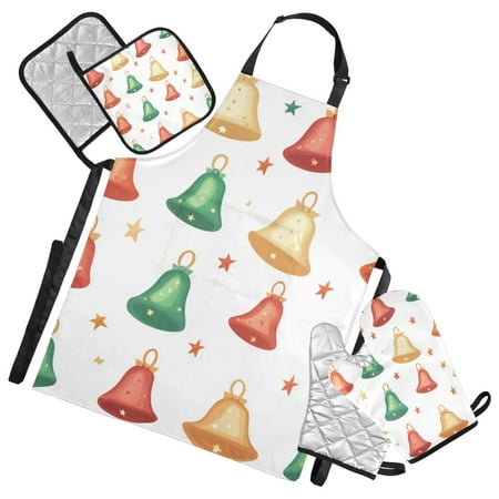 Christmas Bells Stars Cartoon Apron Set with Oven Mitts Pot Holders Set of 5 Kitchen Stuff Accessories