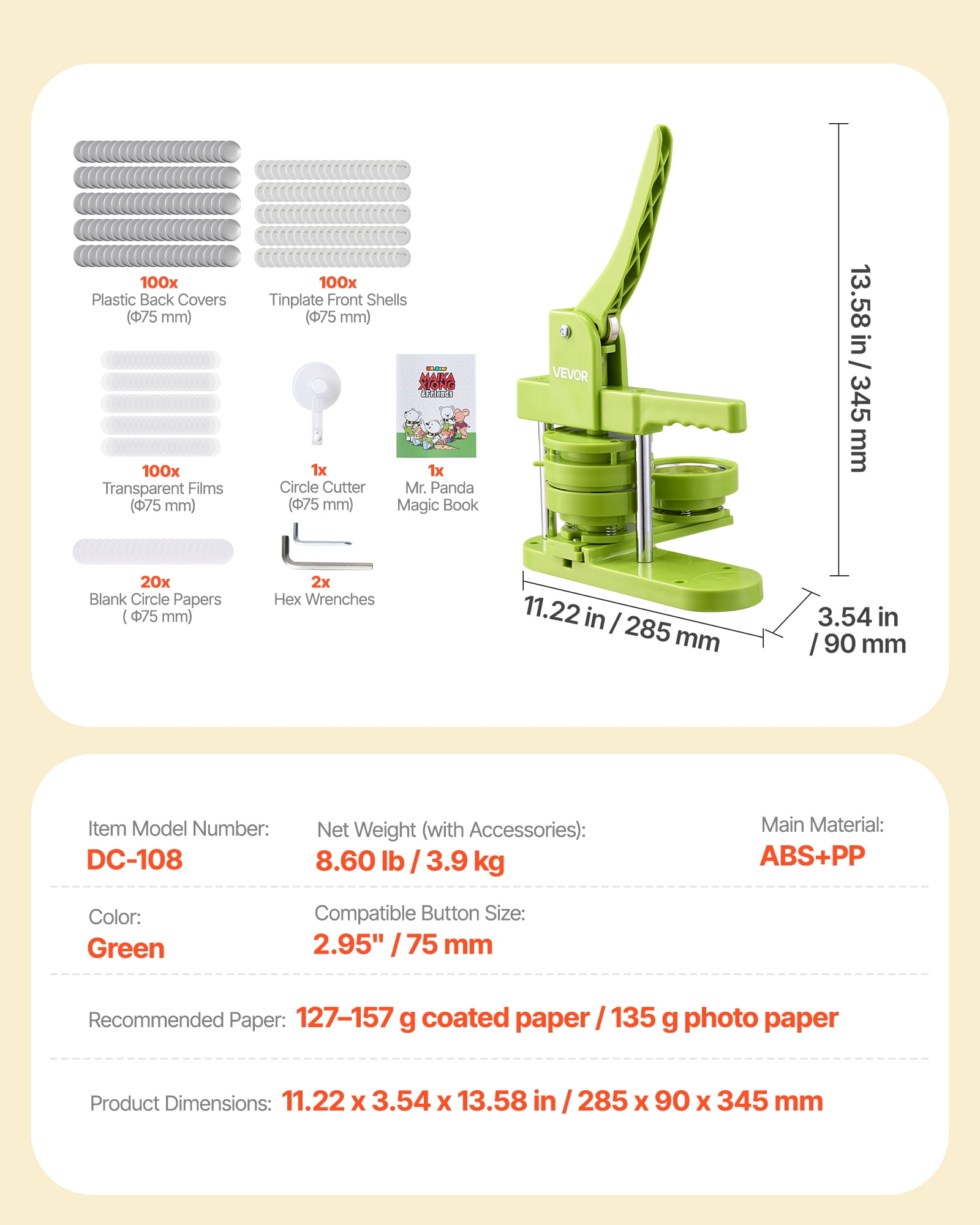 VEVOR Button Maker Machine, 2.95 in, Plastic Pin Maker with 100pcs Button Parts, Mr. Panda Magic Book, Circle Cutter and Hex Wrenches, Reinforced Ergonomic Handle, for DIY Badges, Personalized Pins