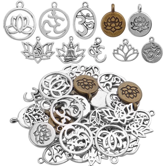 50pcs Antique Yoga OM Lotus Flower Styles Charms Mixed Pendants Findings for Jewellery Making Necklace Bracelet Crafts,10 Styles