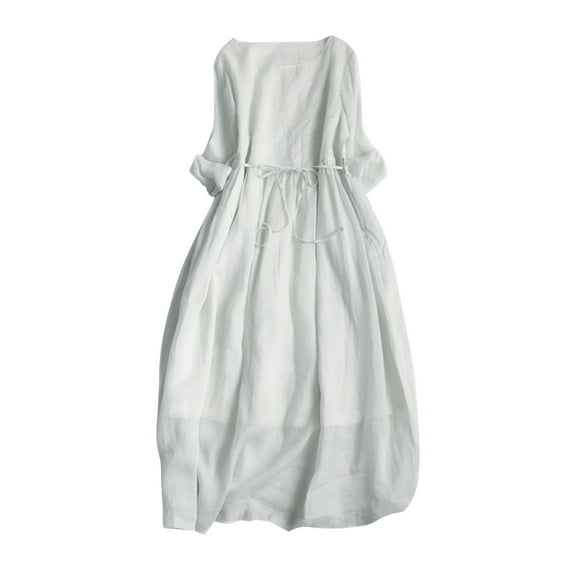 Yghzkop Women's Embroidered Bohe Maxi Dress 3/4 Sleeve Round Neck Tie Waist Flowy Summer Loose Long Dress