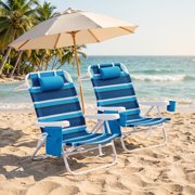 WTVIDAS Beach Chair 2 Pack, 5 Positions Textilene Folding Reclining Beach Chair with Backpack Straps, Cooler Bag & Cup Holder for Outdoor Lawn Camping
