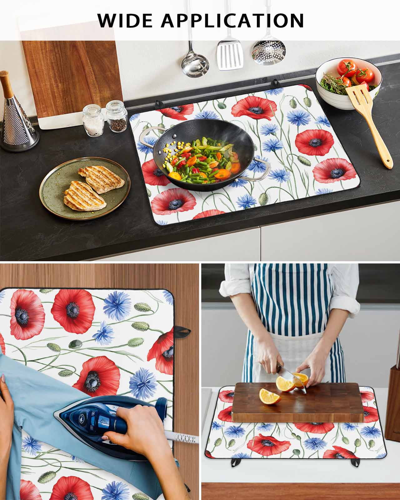 nqOlkjepod Large Induction Cooktop Protector Mat 24"x21", 4th of July Flower Stove Top Covers for Electric Stove, Patriotic Red Blue Poppy Floral Stove Burner Cover Mats, Glass Top Stove Cover